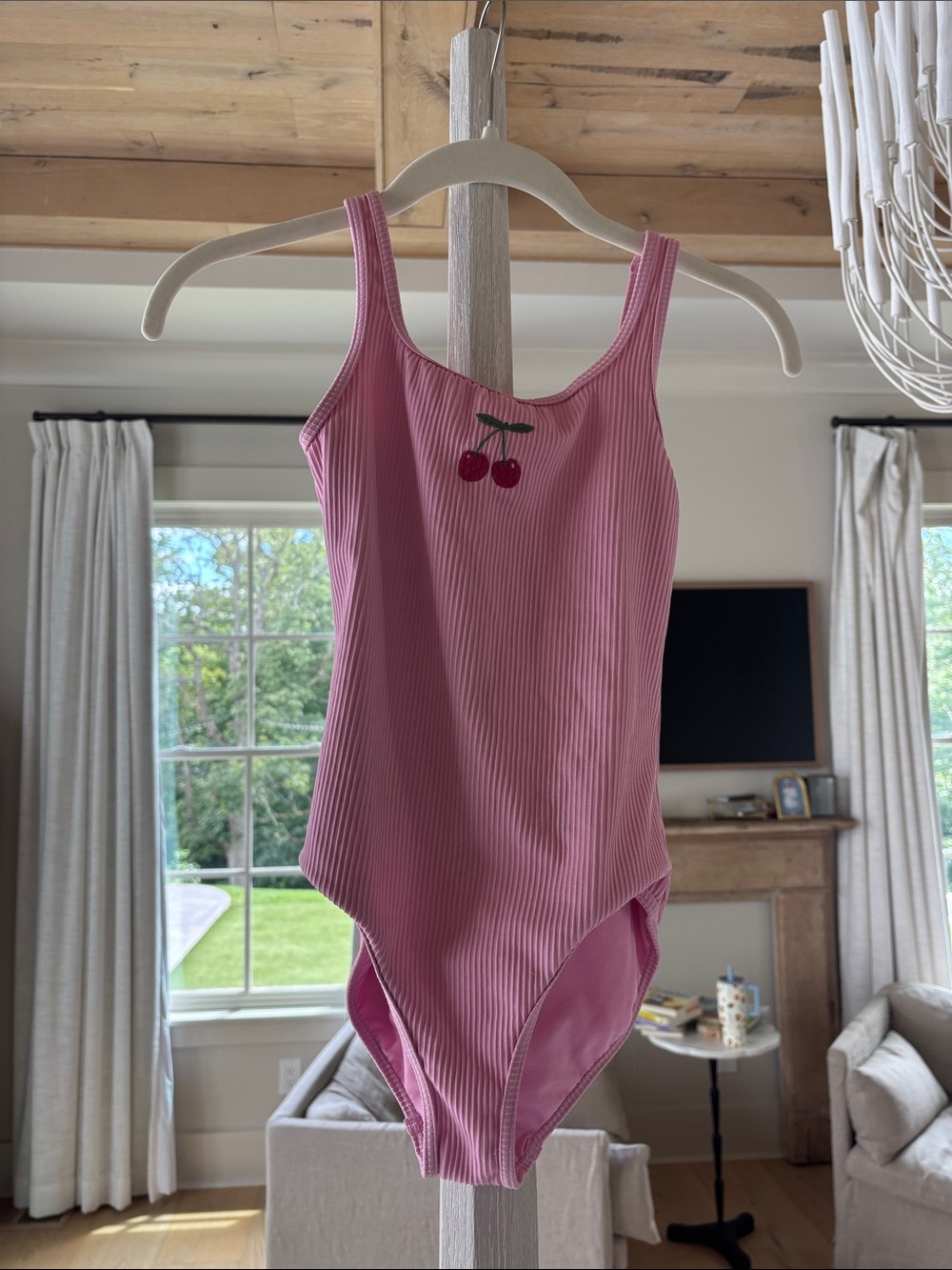 abercrombie kids Pink Ribbed One-Piece Swimsuit with Cherry Embroidery